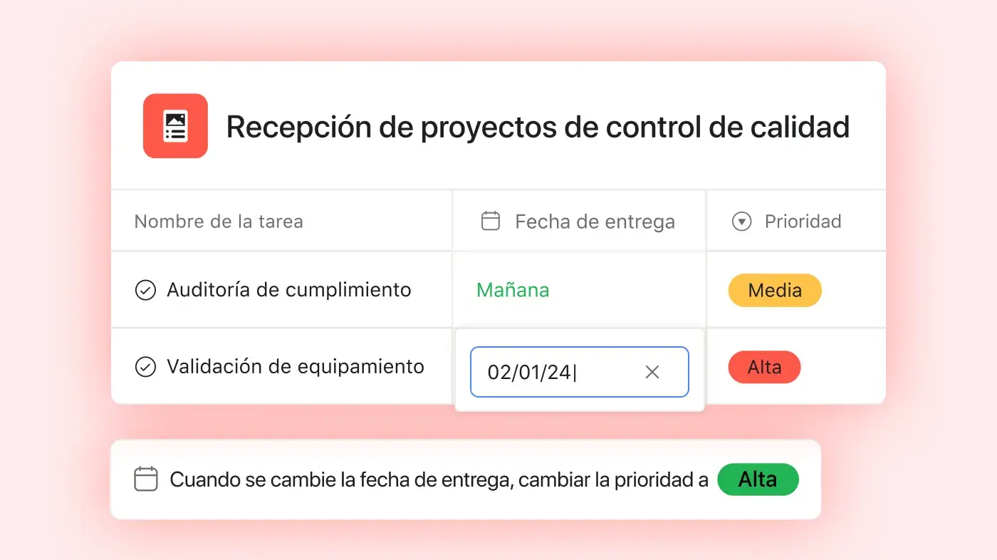 Vista de lista de recepción de proyectos de control de calidad: interfaz de usuario de producto de Asana