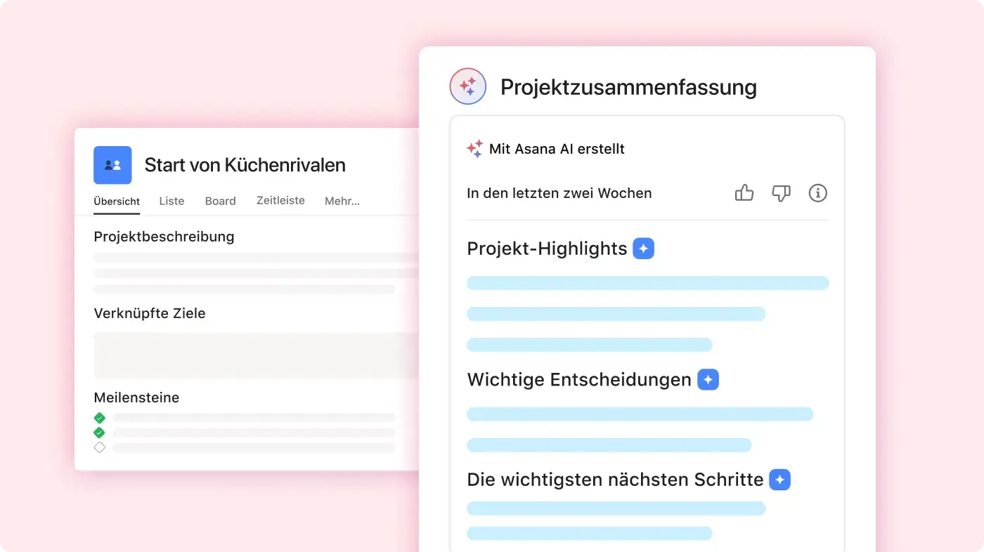 Projektzusammenfassung für den Start von Küchenrivalen: Abstrakte Asana-Produkt-UI