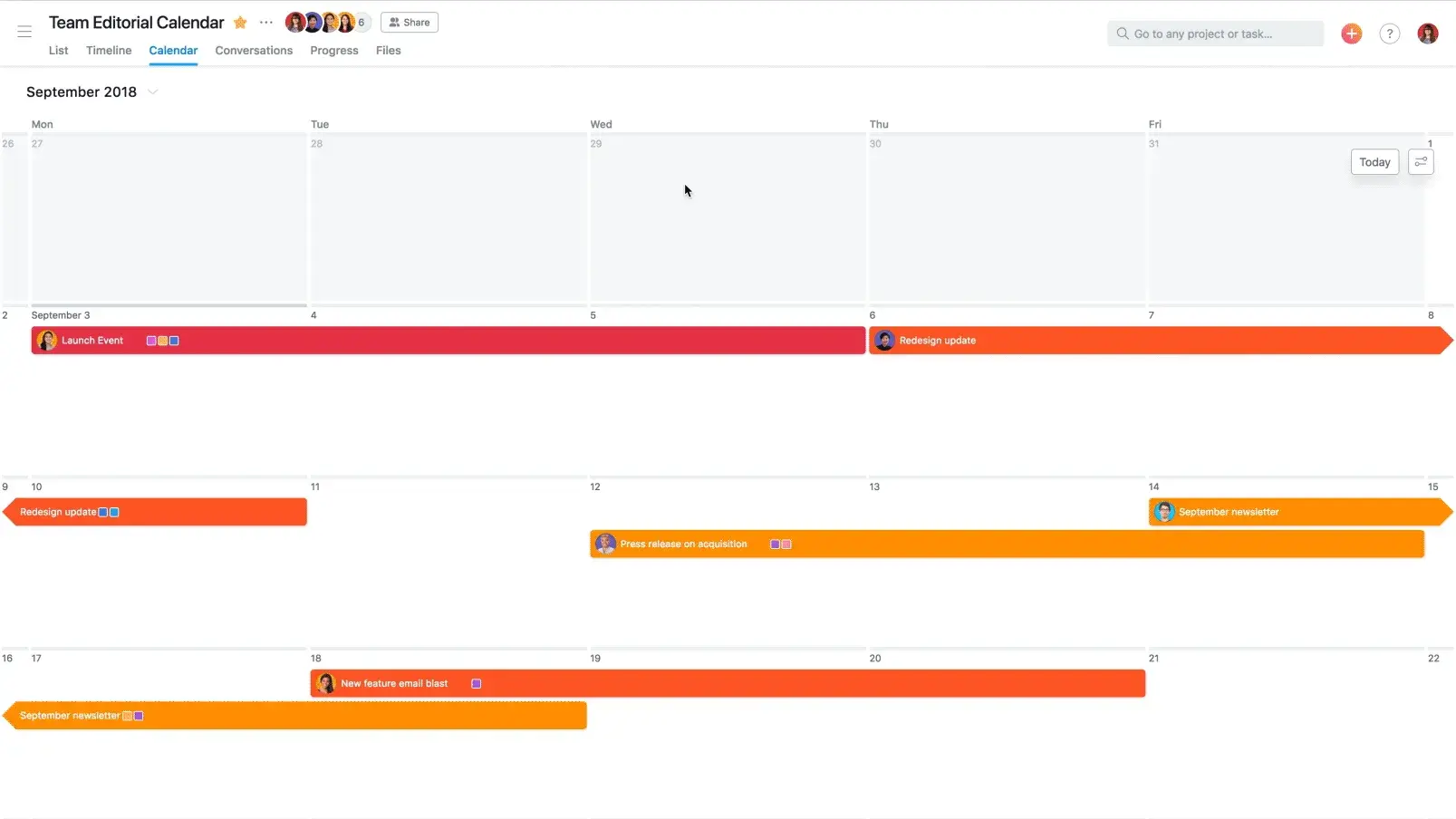 Asana product UI: Team editorial calendar