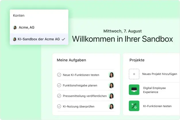 Product UI showing a user's ability to toggle between their business account and their feature testing sandbox 