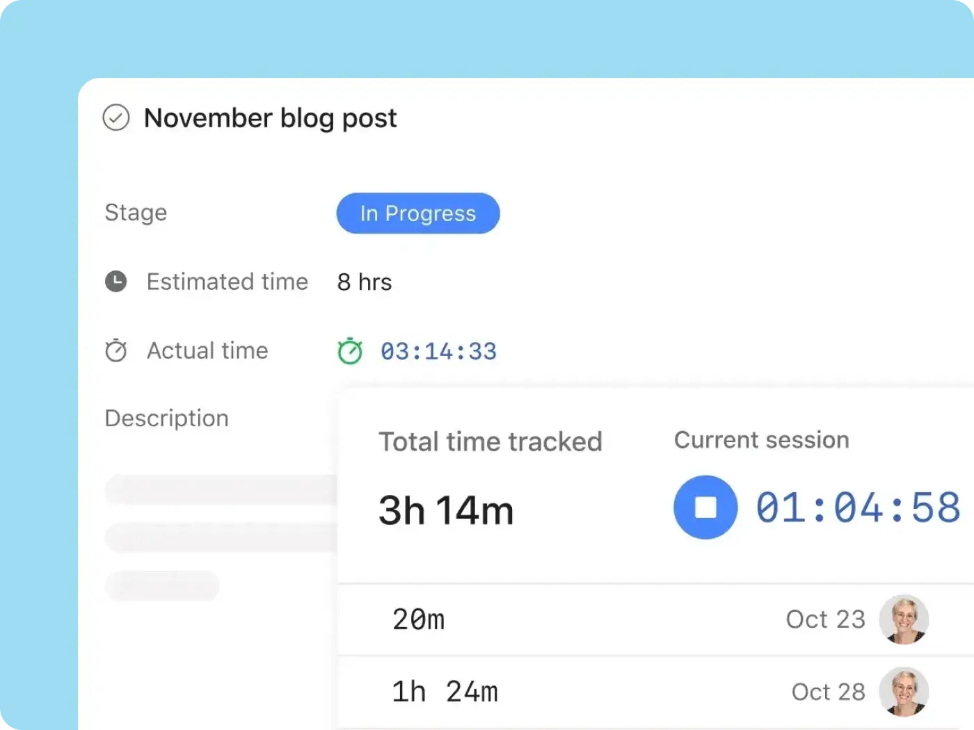  A view of the total time tracked for an in-progress task.