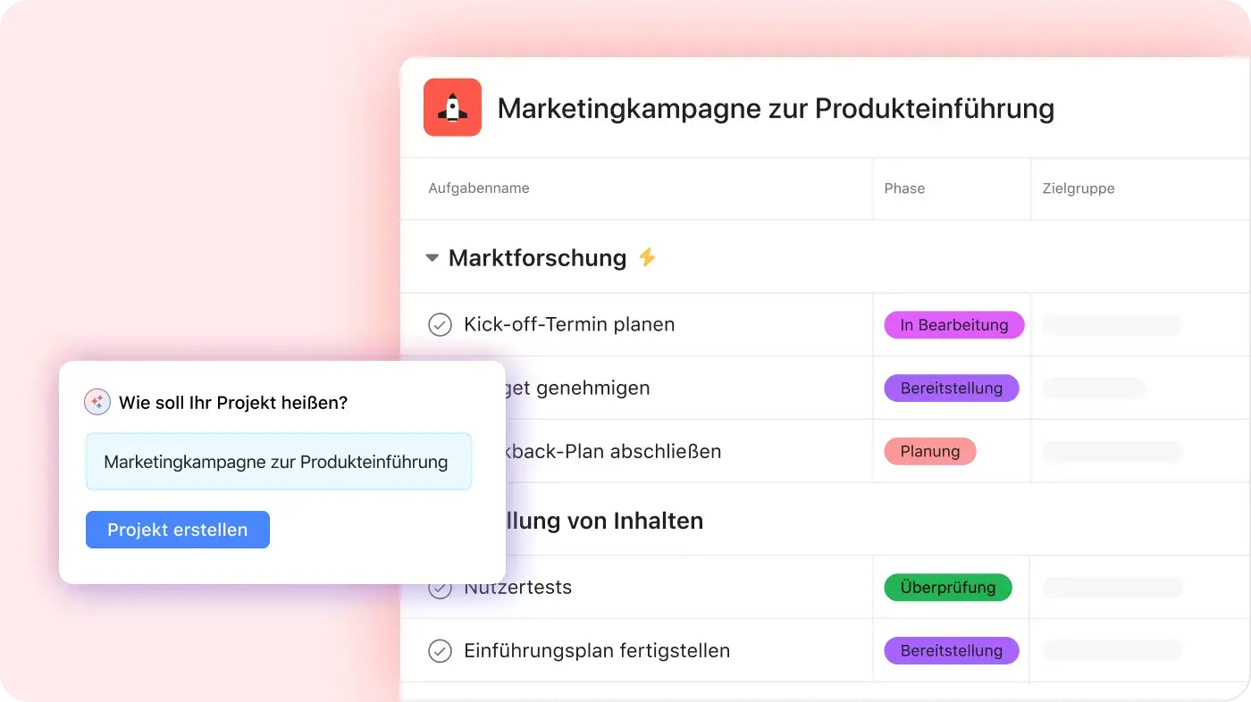 Produkt-UI von Asana AI, die ein neues Kampagnenprojekt zur Markteinführung basierend auf einer Reihe von Nutzereingaben erstellt