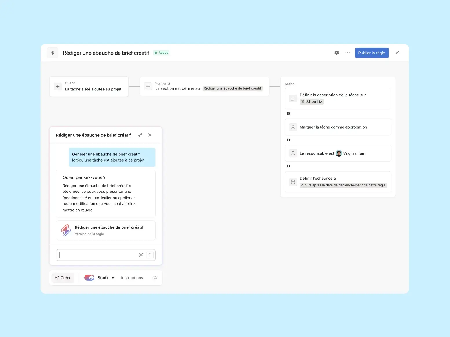 Interface Asana d'une règle d'automatisation générée par l'IA. Un panneau affiche l'invite. L'organigramme montre les déclencheurs et actions comme l'attribution de tâches et la génération de descriptions par l'IA.