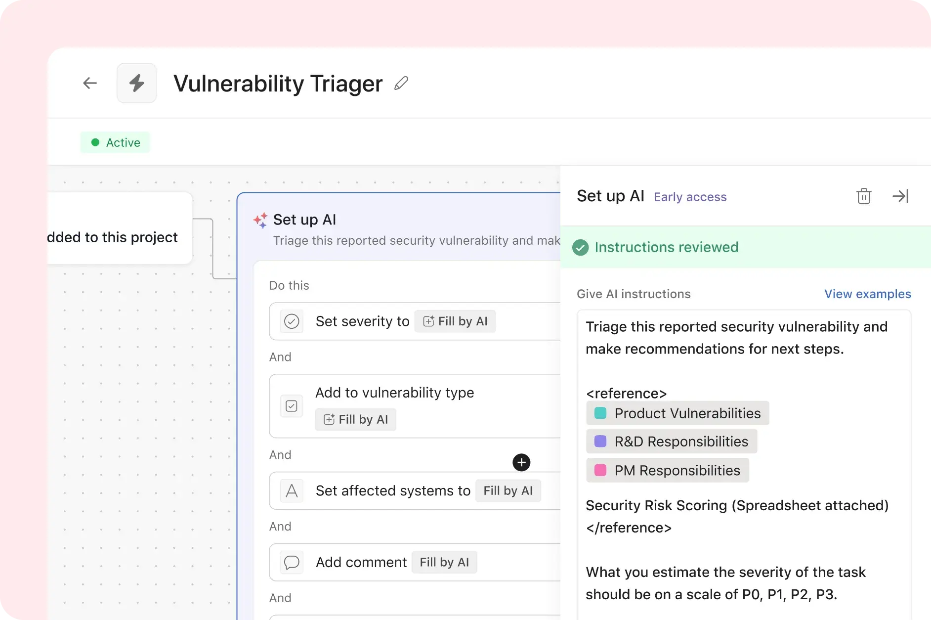 Product UI image showing how to use Asana AI Studio to triage vulnerability alerts