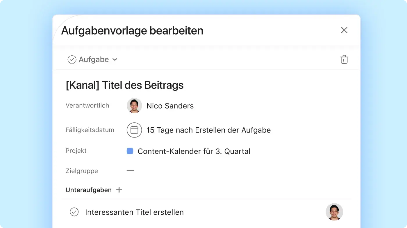 Aufgabenvorlage bearbeiten – Asana-Produkt-UI