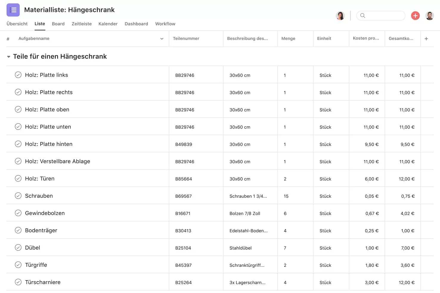 [Product UI] Materialliste in Asana, Projektansicht im Tabellenformat (Liste)