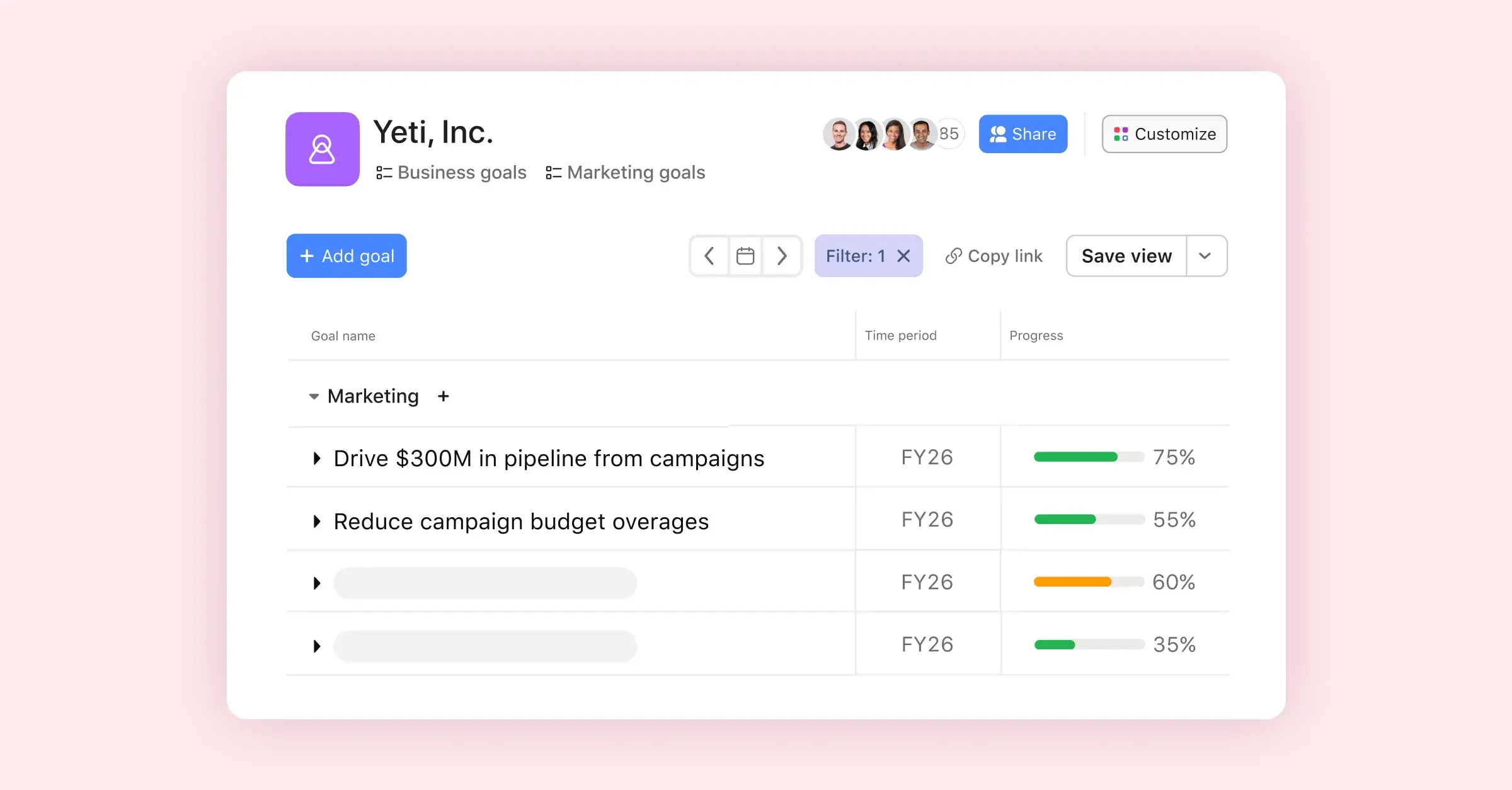 A screenshot of the Asana goals dashboard tracking strategic objectives for "Yeti, Inc." It displays marketing goals for FY26, such as driving pipeline revenue and reducing budget overages, with visual progress bars to monitor success.