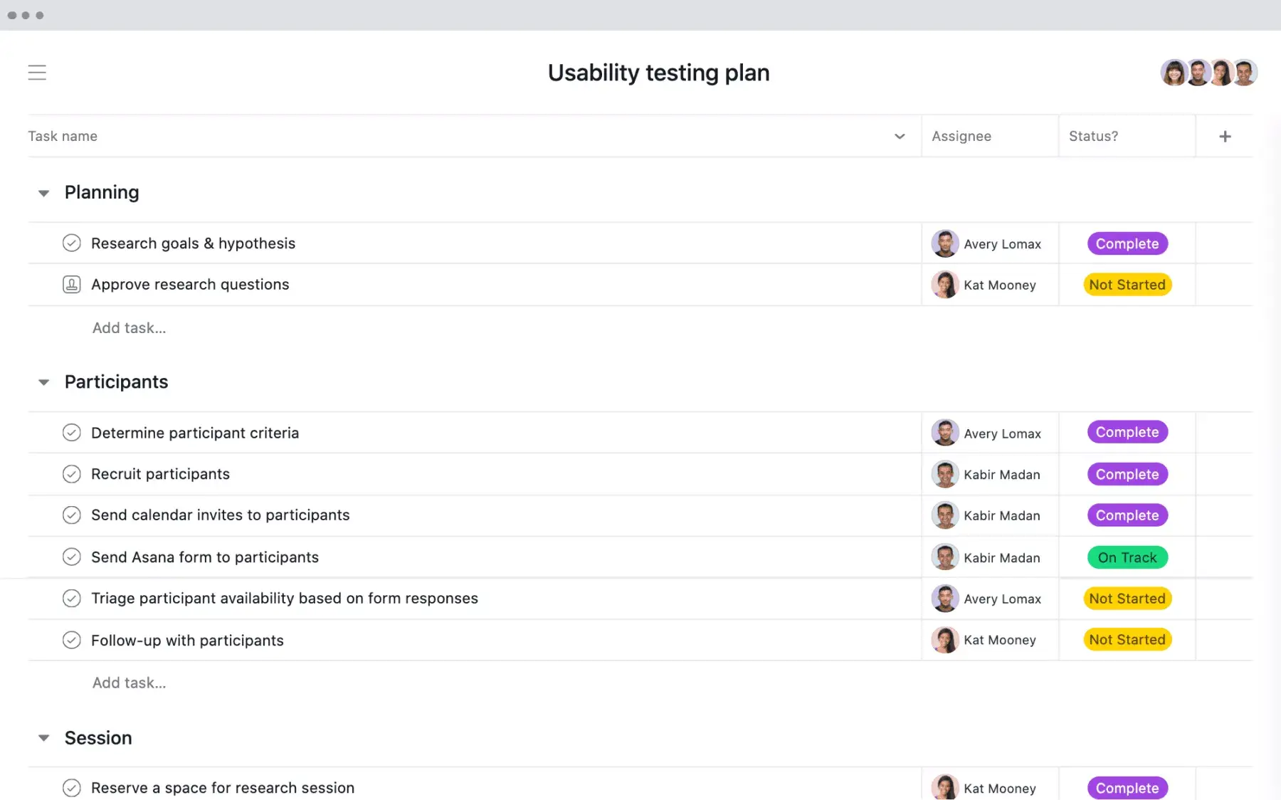 [Listenansicht] Usability-Testprojekt in Asana, tabellenartige Ansicht mit Projektergebnissen