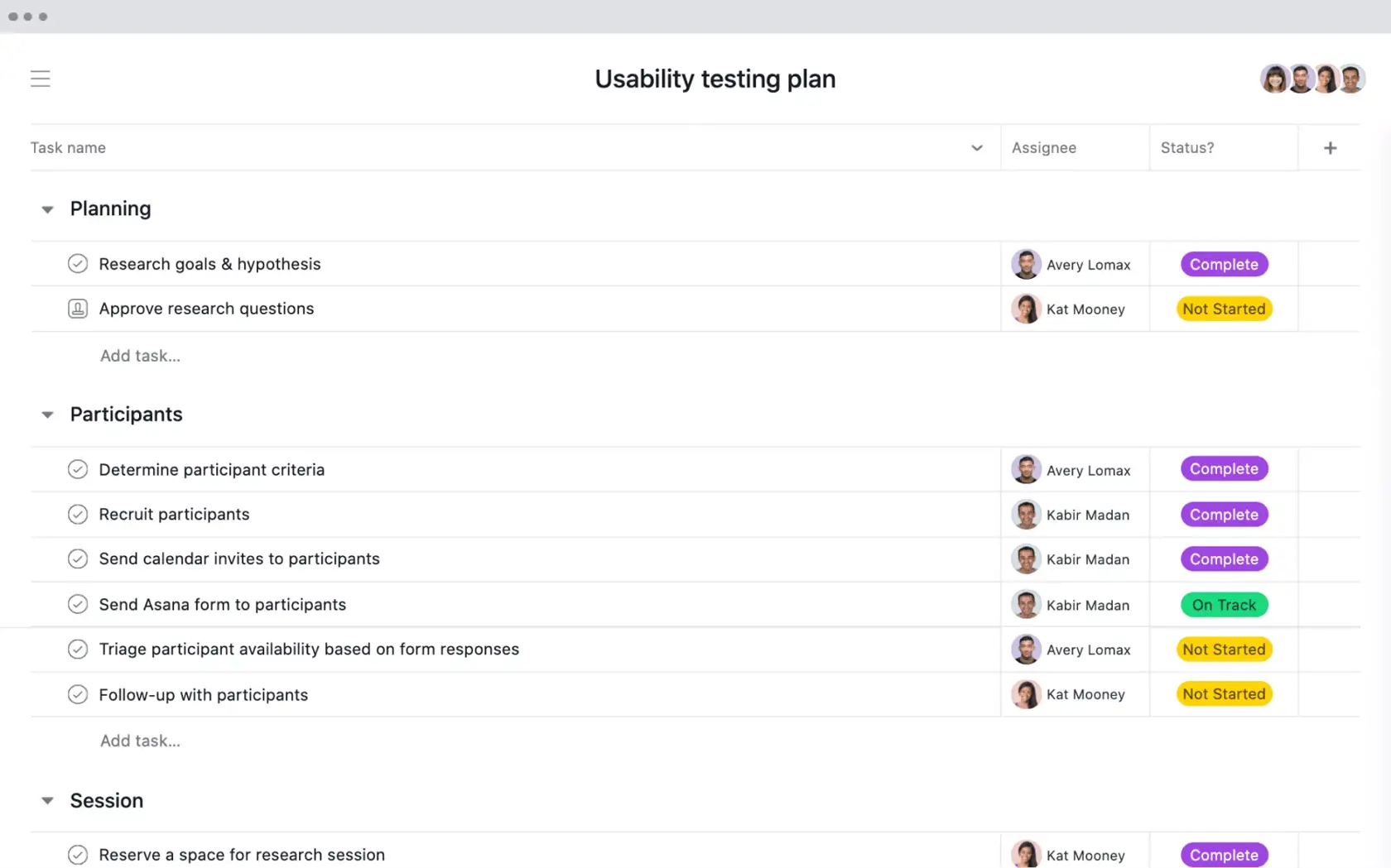 [Old Product UI] Usability testing project in Asana, spreadsheet-style view with project deliverables (Lists)
