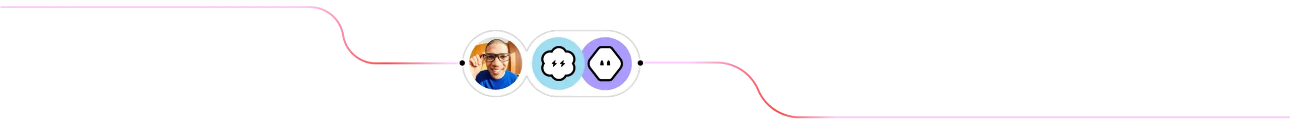 Abstract workflow graphic showing a connecting line. A central node features a man's headshot linked to a pair of AI agent icons in blue and purple, illustrating human collaboration with multiple AI agents.