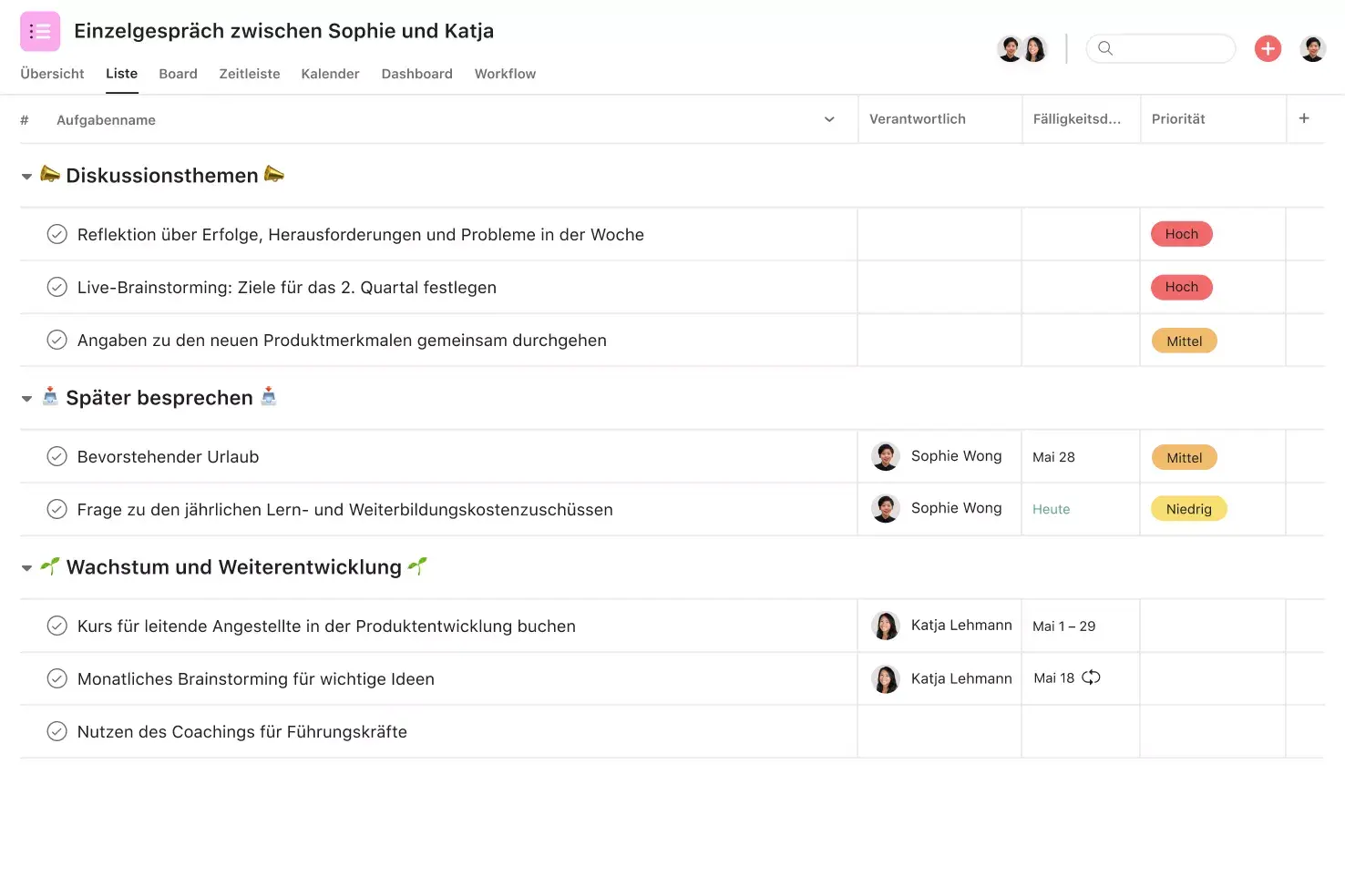 [Produkt-UI] Tagesordnung für ein Einzelgespräch mit Diskussionsthemen, asynchronen Themen sowie Wachstum und Entwicklung (Listenansicht)