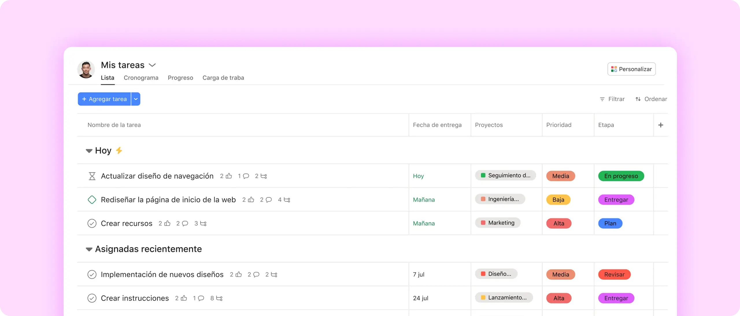 Captura de pantalla de Mis tareas en Asana