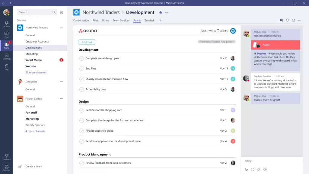 How Asana looks in Microsoft Teams