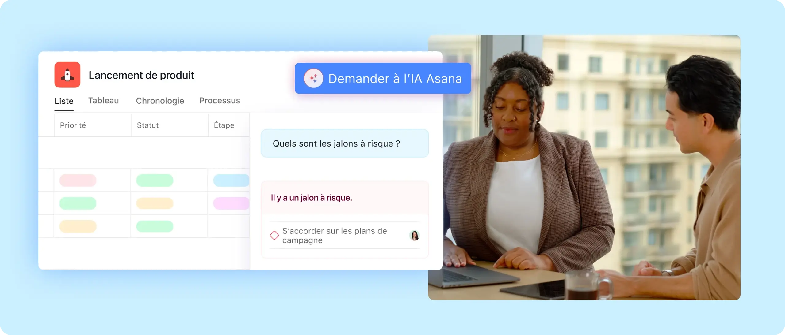 Interface utilisateur du produit de l’IA Asana créant des champs de projet personnalisés pour une nouvelle initiative de lancement de produit