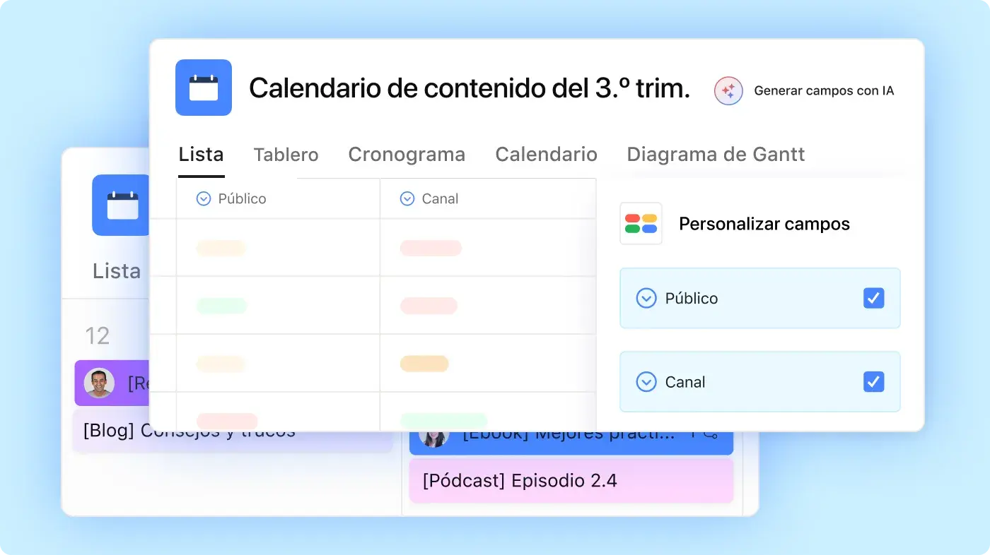 Interfaz de usuario del producto de calendario de contenido de Asana