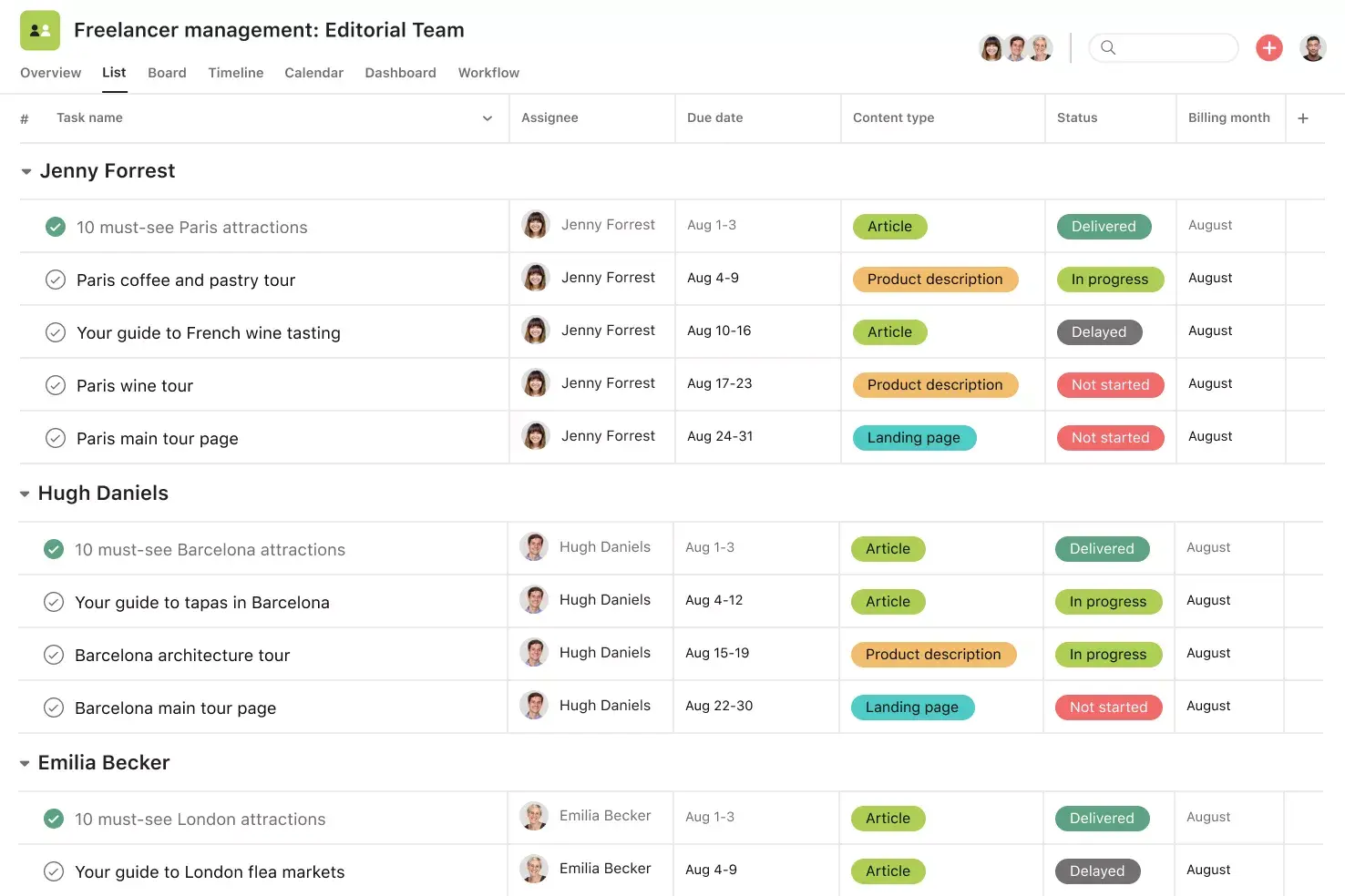 [product ui] Freelancer management project in Asana, spreadsheet-style project view (List)