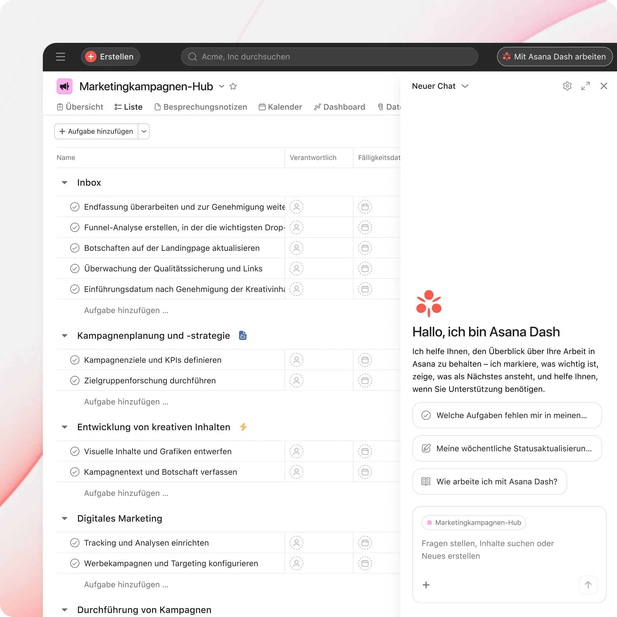 Der Begrüßungsbildschirm des KI-Assistenten Asana Dash mit einer Suchaufforderung und vorgeschlagenen Aktionen wie „Worauf sollte ich mich heute konzentrieren?“ und „Möglichkeiten zur Verbesserung meines Workflows empfehlen“