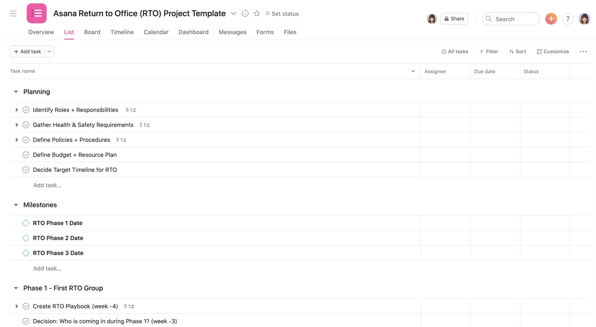 Asana RTO template