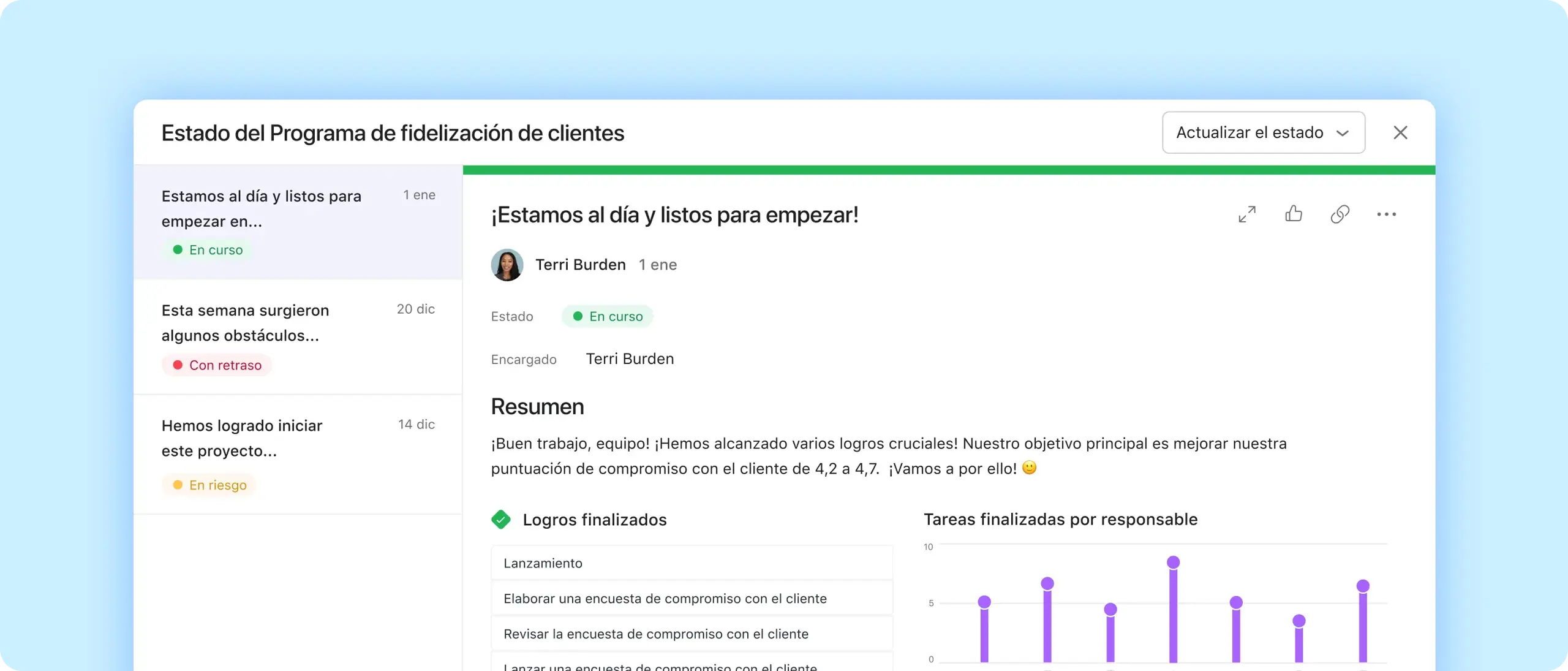 Captura de pantalla de las actualizaciones de estado en Asana