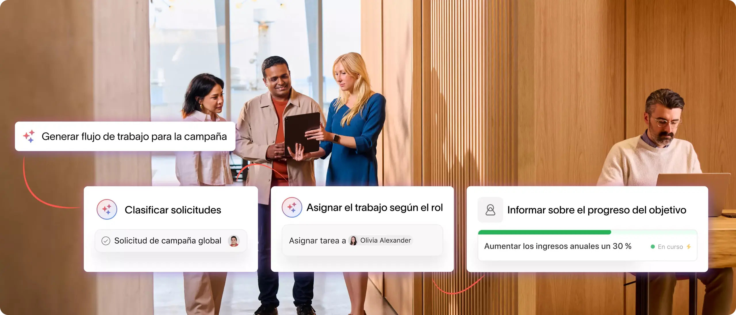Un conjunto de tareas conectadas de Asana que muestran cómo la IA de Asana crea un flujo de trabajo para campañas que incluye clasificar nuevas solicitudes, asignar tareas según el rol e informar sobre el progreso de los objetivos