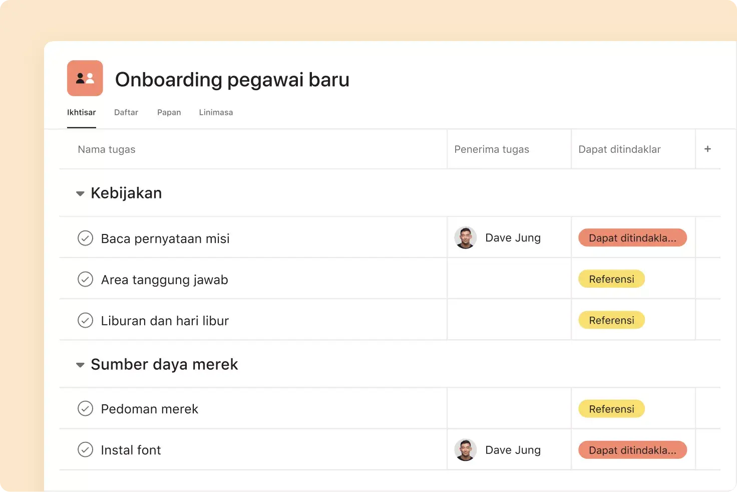 kelola onboarding pegawai di Asana