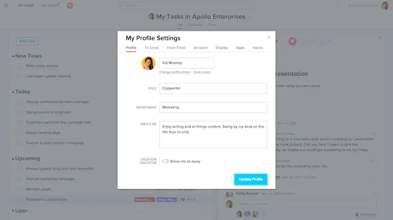 editing profile settings in Asana