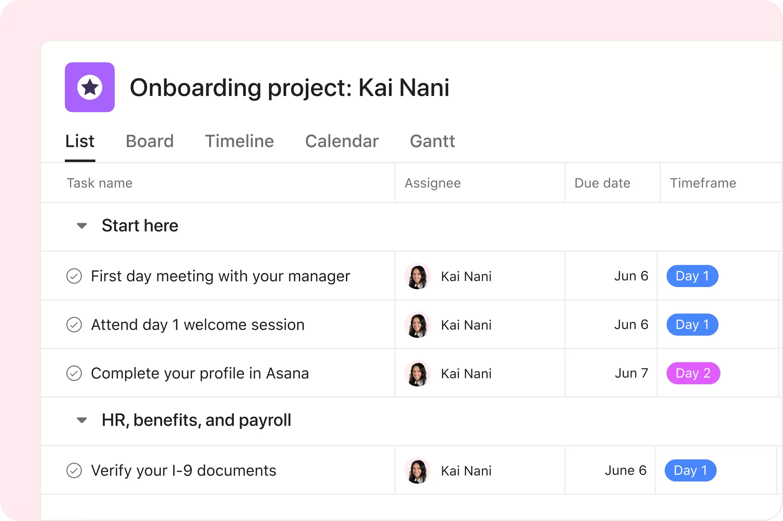 Asana on Asana employee onboarding project list product UI