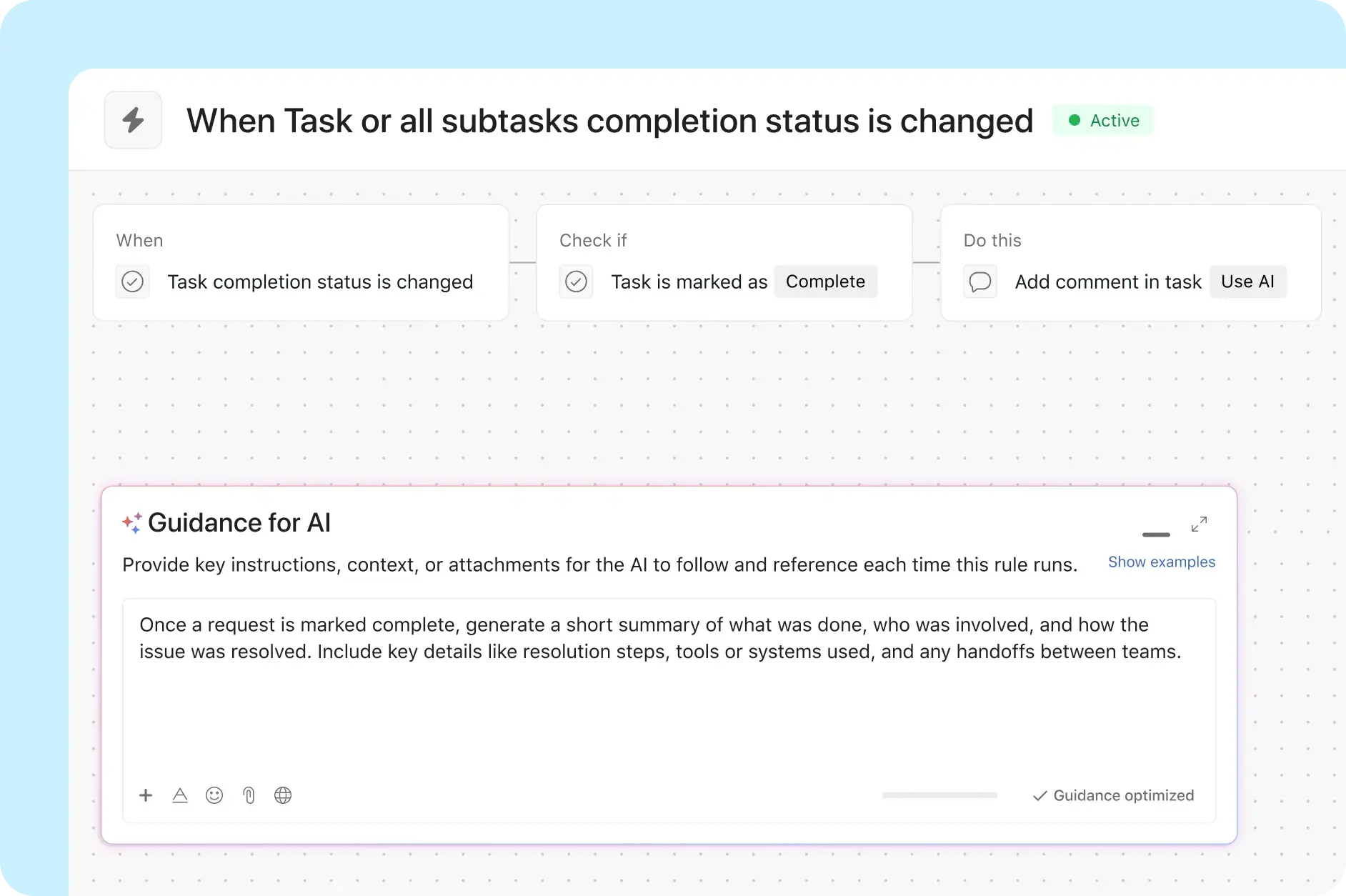 Asana product UI showing how Asana AI Studio can be used to create a summary