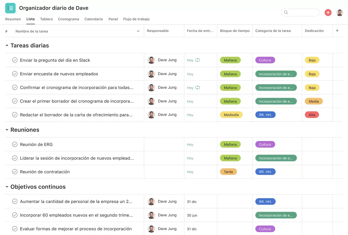 [Interfaz de usuario del producto] Plantilla del proyecto de planificador diario de Dave en Asana (vista de lista)