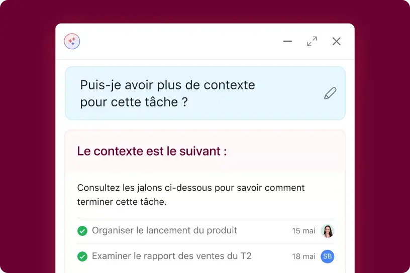 L’interface utilisateur produit montre la fonctionnalité collègues IA d’Asana en train de fournir des tâches connexes pour donner du contexte à une nouvelle tâche contenant des mentions