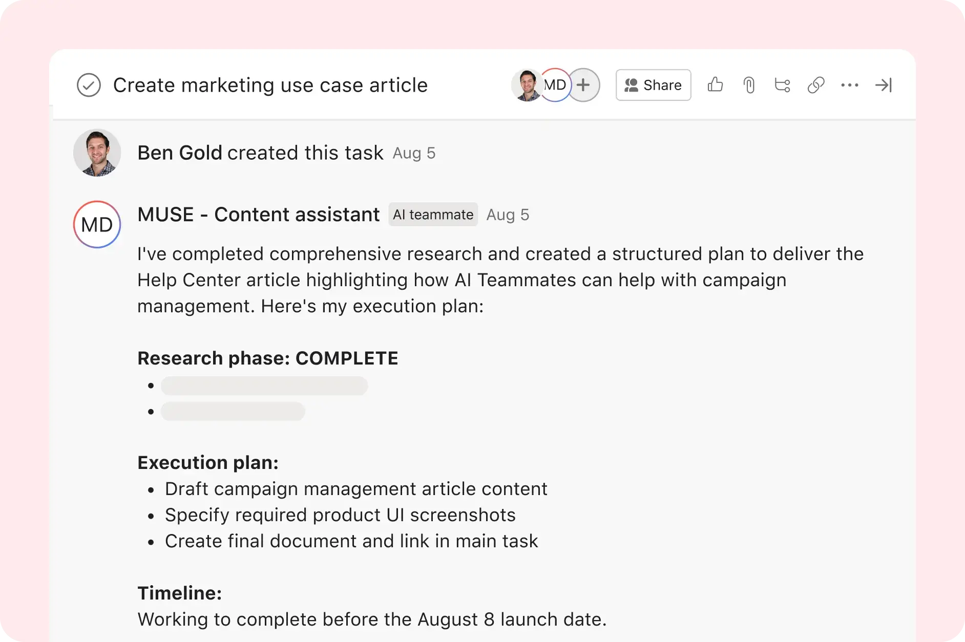 Asana product UI image showing a content assistant AI Teammate mapping out its content creation plan for a writing a blog article