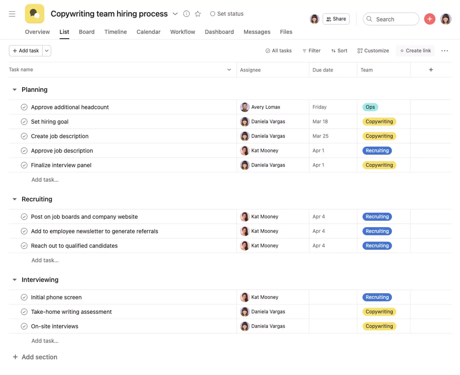 [Product UI] Copywriting team hiring process example (Lists)