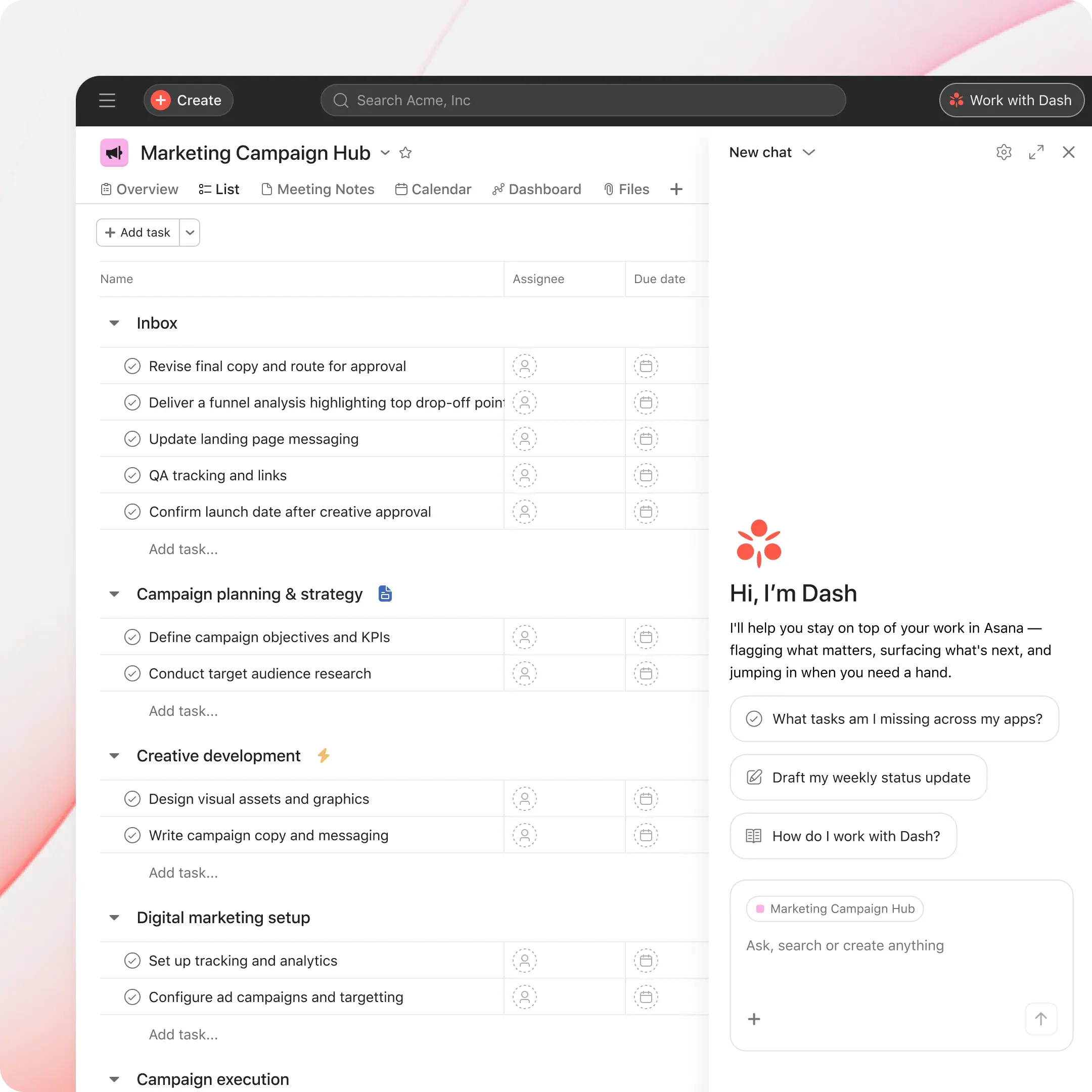 Asana's Dash AI assistant welcome screen with a search prompt and suggested actions including "What should I focus on today?" and "Recommend ways to improve my workflow"