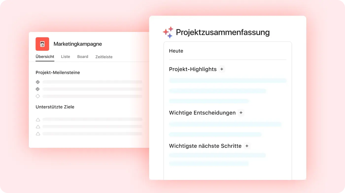 Die Produkt-UI zeigt, wie Asana AI eine Zusammenfassung eines in Asana eingerichteten Projekts erstellt