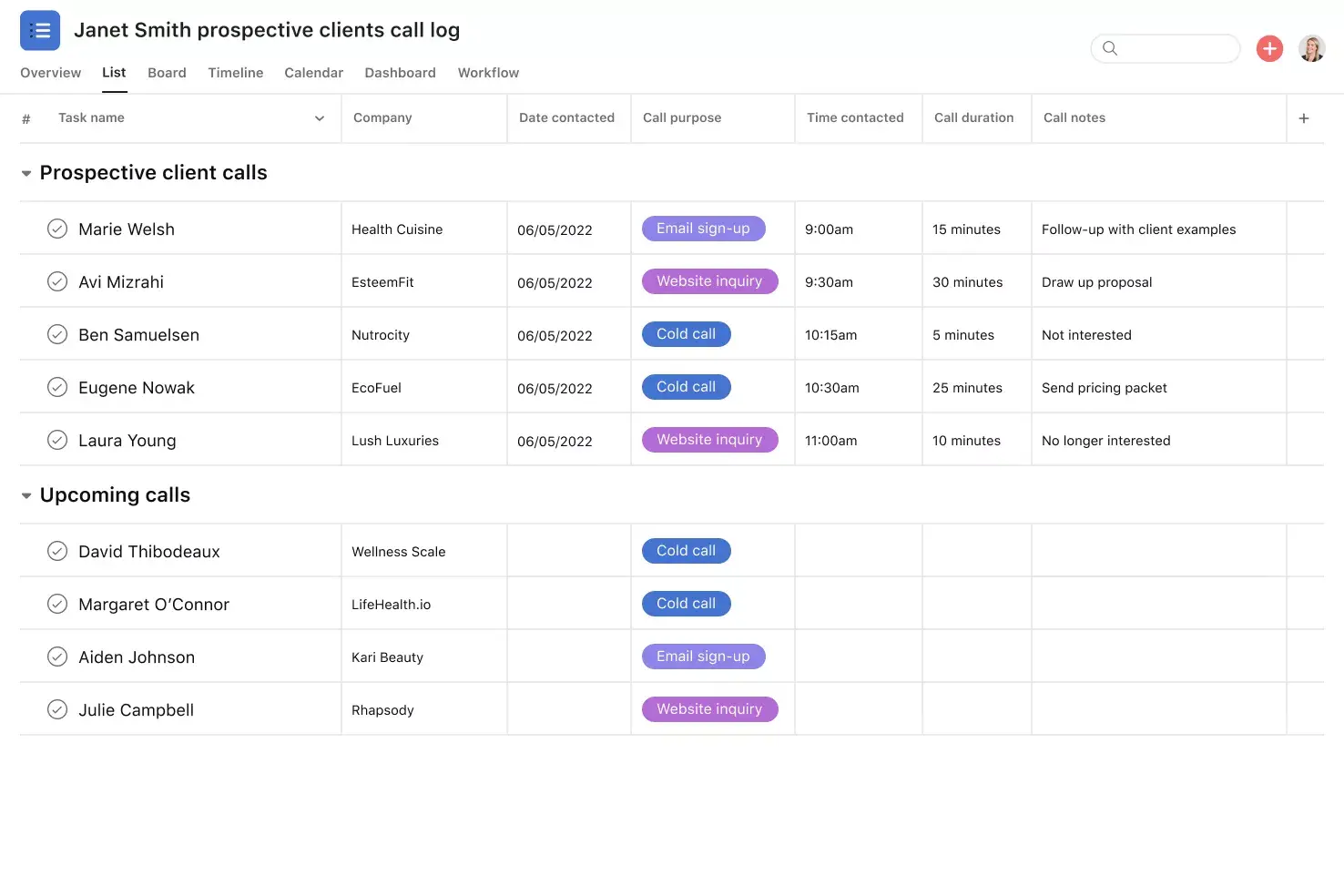 [Product ui] Call log project in Asana, spreadsheet-style project view (List)