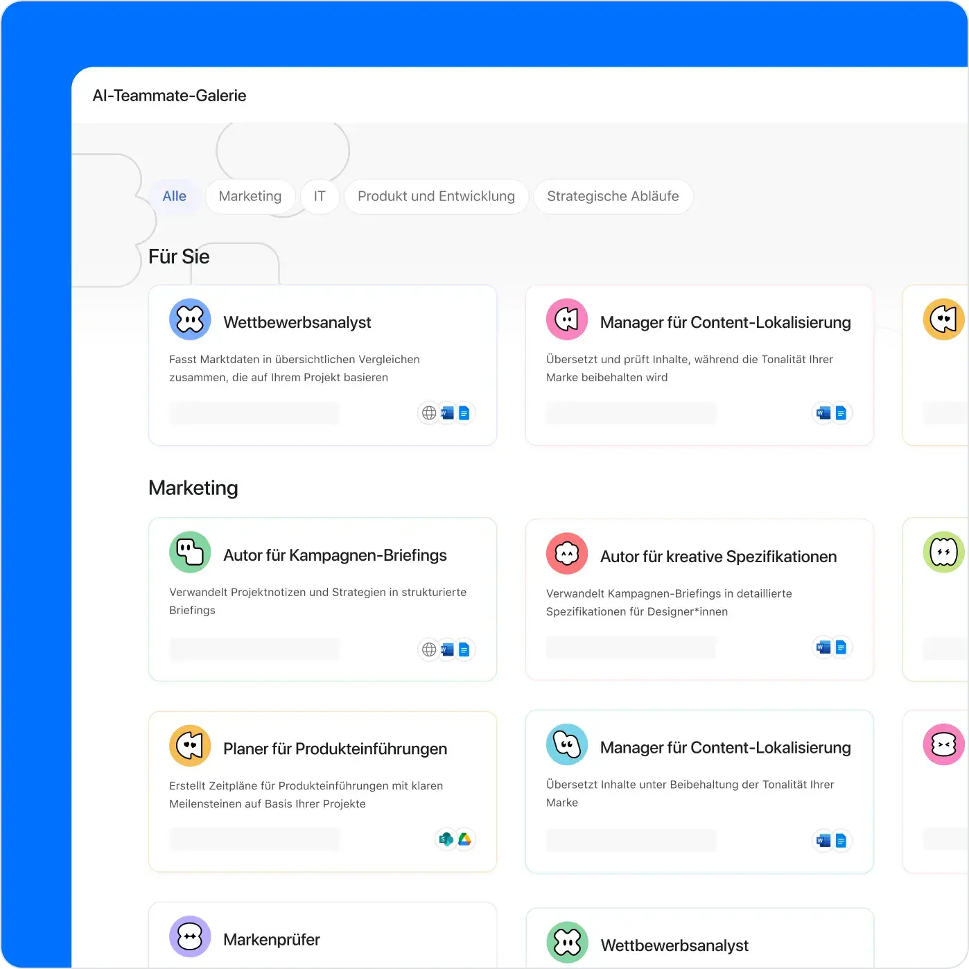 Die Asana-UI mit der AI-Teammate-Galerie, wo vorgefertigte KI-Assistenten zu sehen sind, die nach Funktionen wie Marketing und IT kategorisiert sind. Beispiele zeigen Wettbewerbsanalysten, Kampagnen-Briefing-Autor und Manager für Content-Lokalisierung.