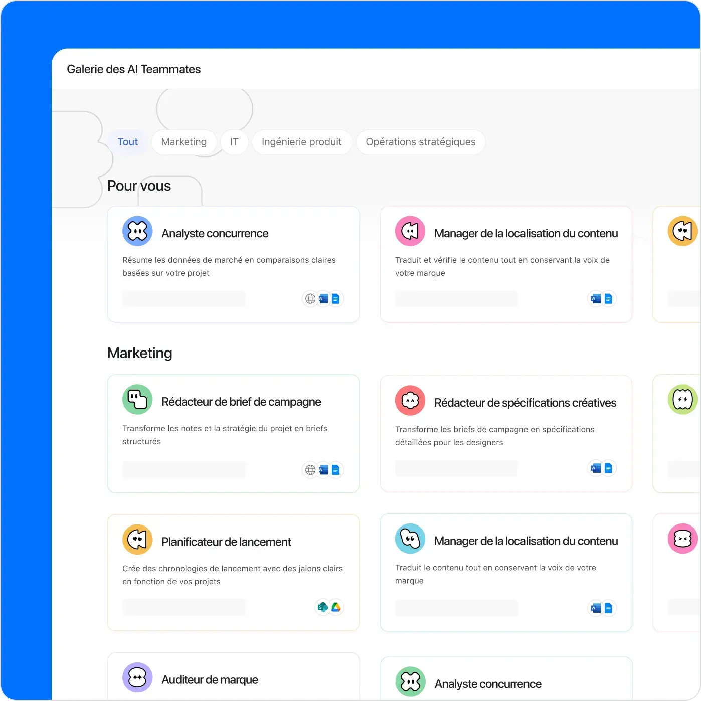UI Asana montrant la galerie des AI Teammates. Une grille affiche des agents IA prédéfinis par fonction, comme Marketing et Informatique. Exemples de cartes : Analyste concurrence, Rédacteur de brief de campagne et Manager de la localisation du contenu.