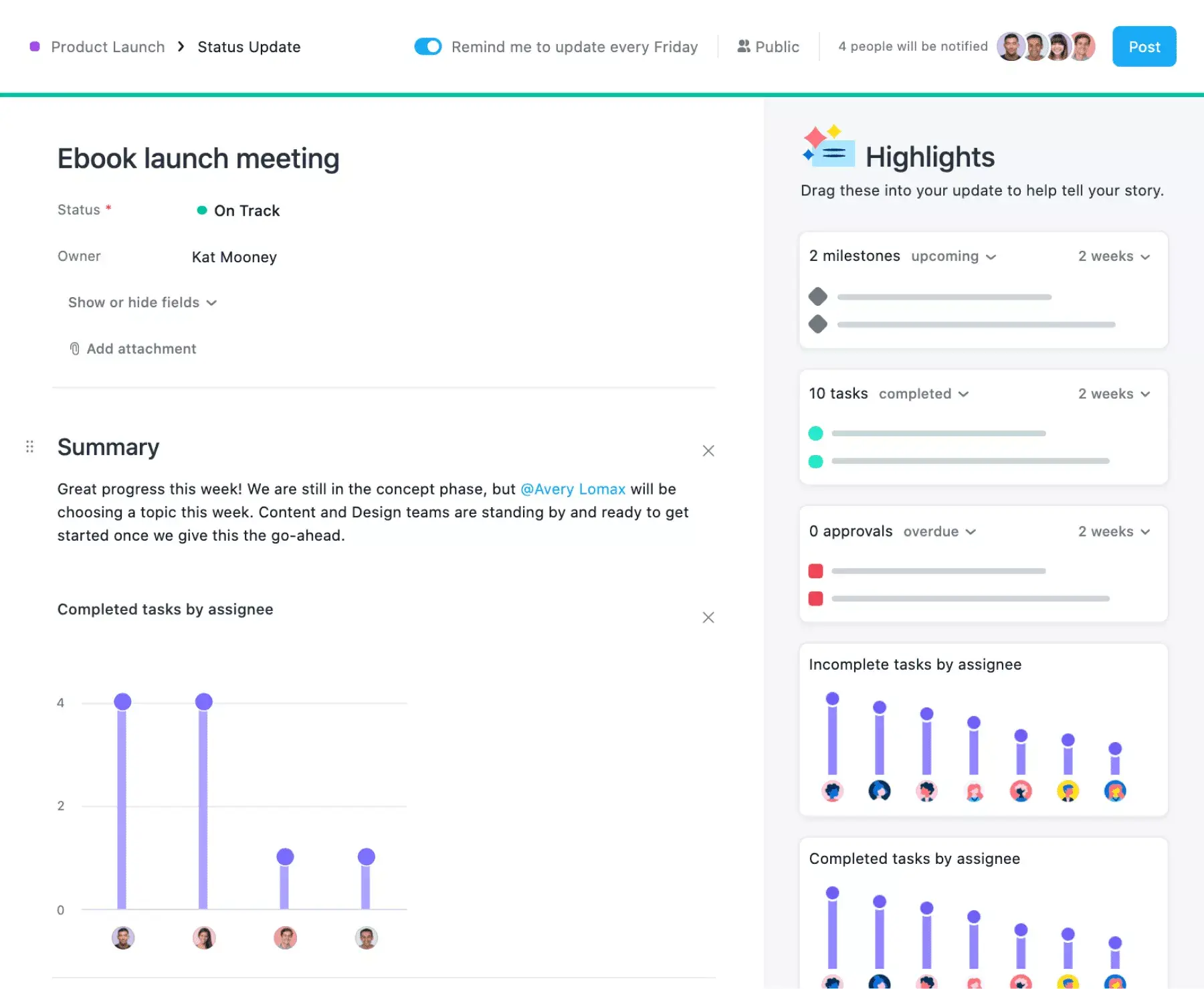 Voorbeeld van een projectstatusrapport in Asana voor een vergadering over de lancering van een e-book