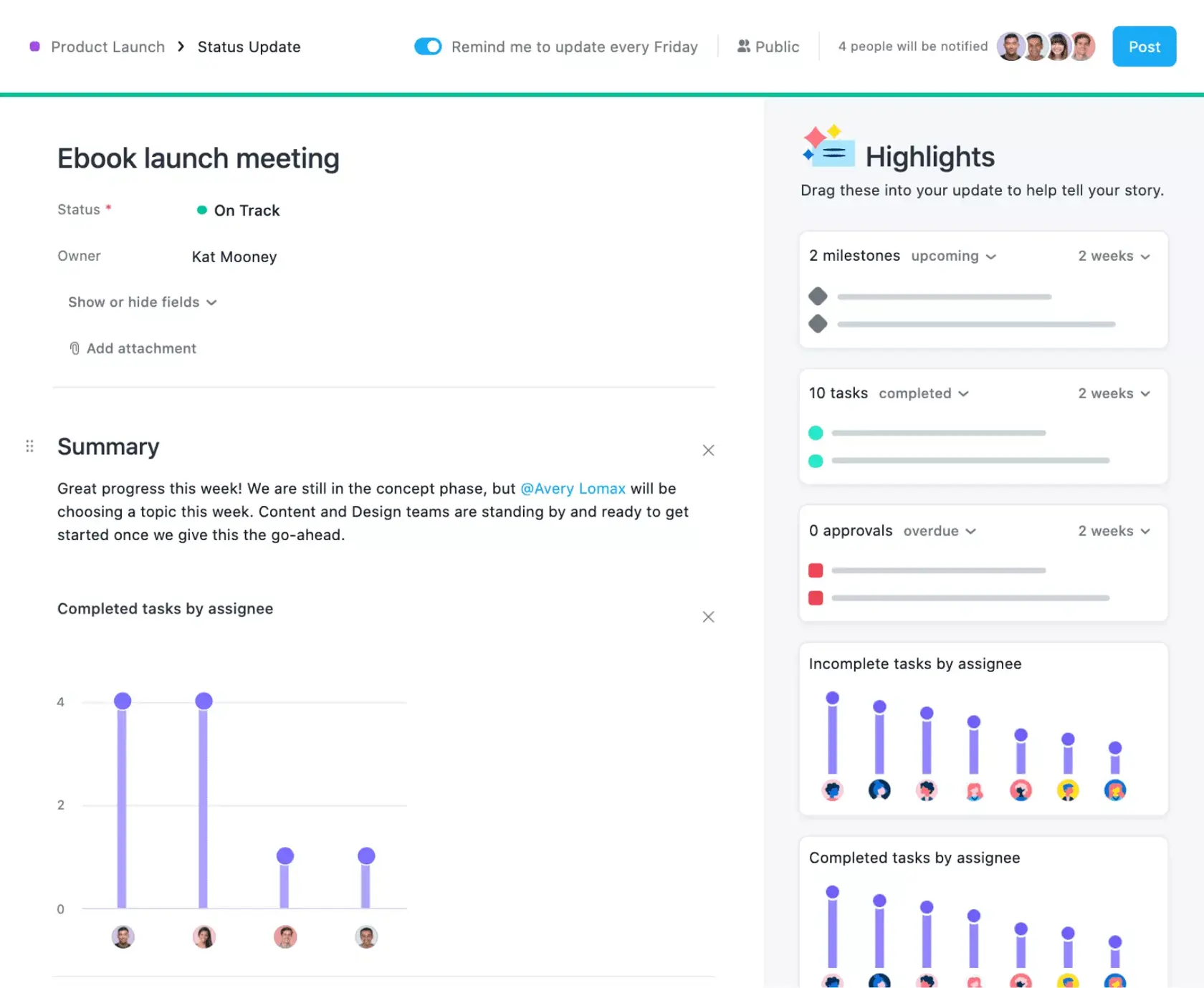 [Product UI] Example Asana project status report for an ebook launch meeting (Status Updates)
