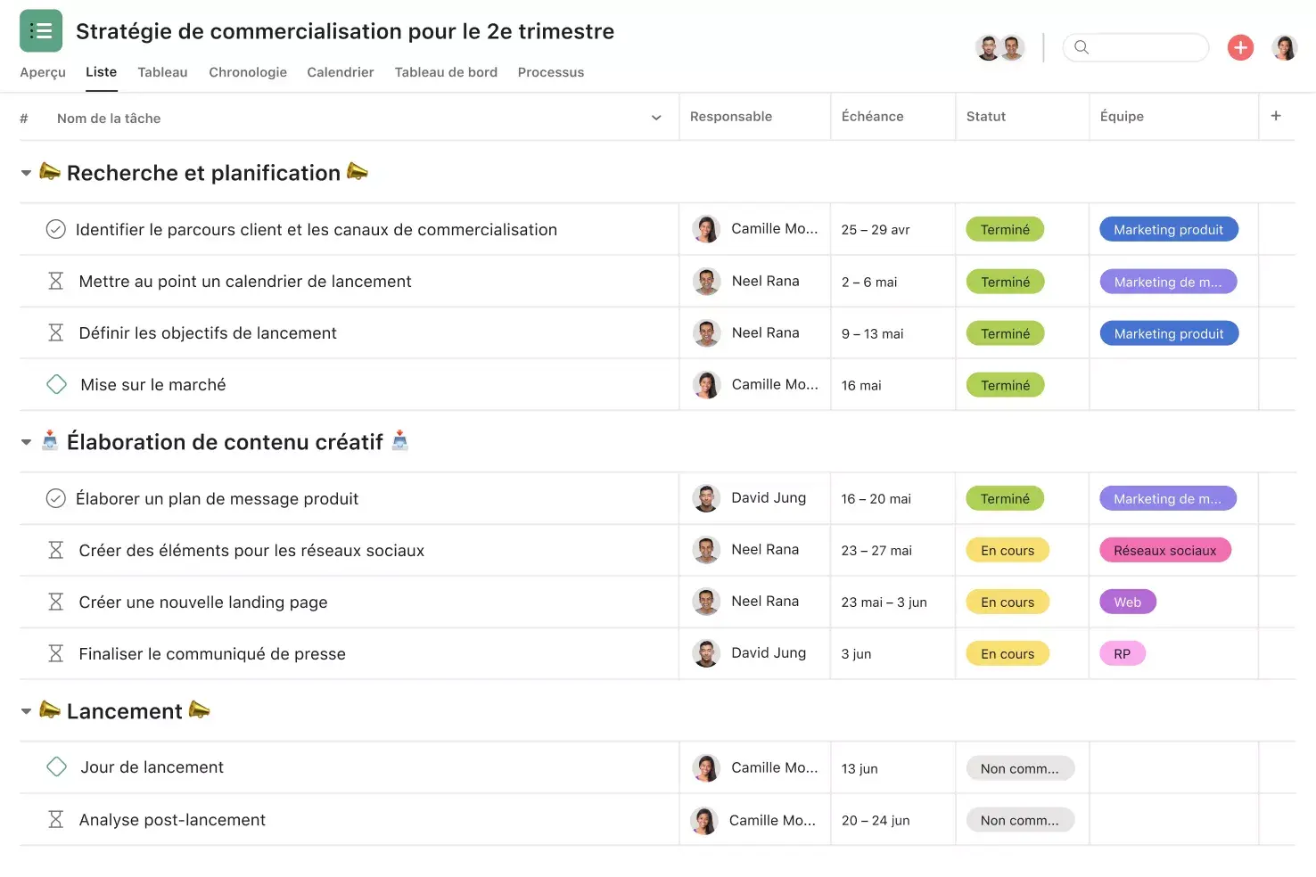 [Interface produit] Modèle de stratégie de commercialisation sur Asana (vue Liste)