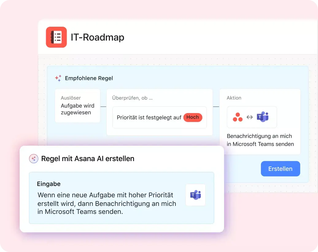 Die Produkt-UI zeigt, wie die Asana-KI Empfehlungen zum Erstellen einer Regel in einem Projekt basierend auf der Eingabeaufforderung „Wenn eine neue Aufgabe mit hoher Priorität erstellt wird, Benachrichtigung an mich in Microsoft Teams senden“ gibt 