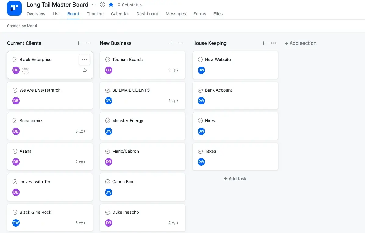 Long Tail Agency board in Asana