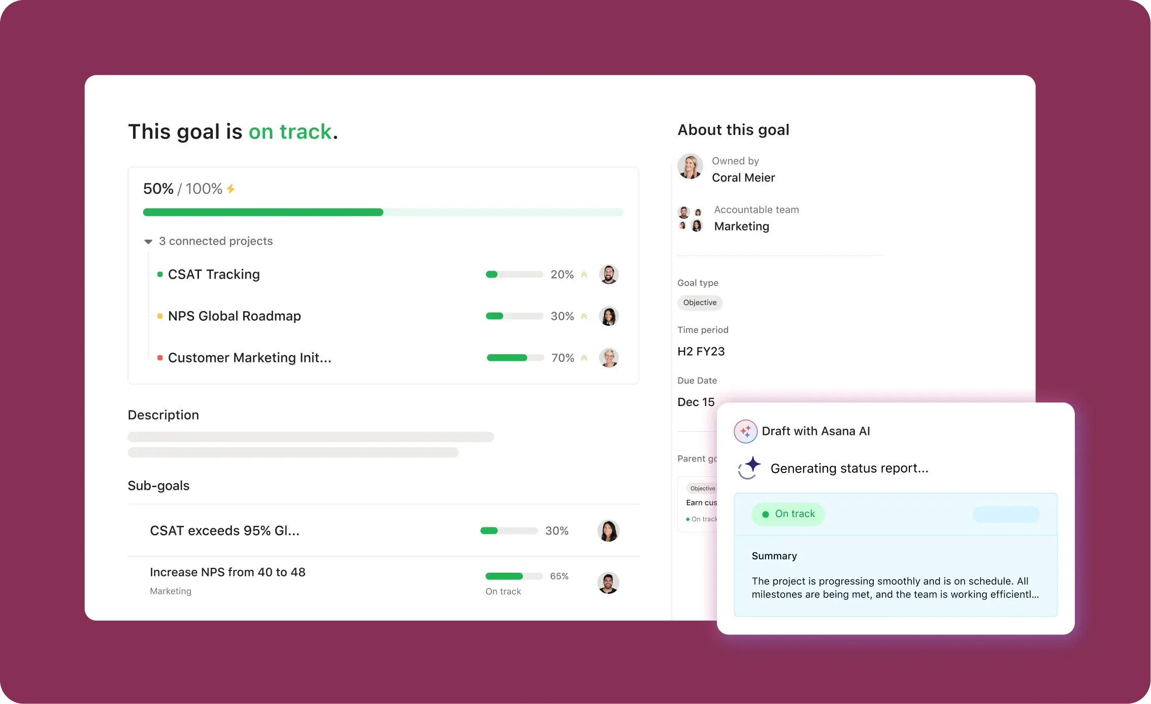 "This goal is on track" interface showcasing Asana AI generating a status report.
