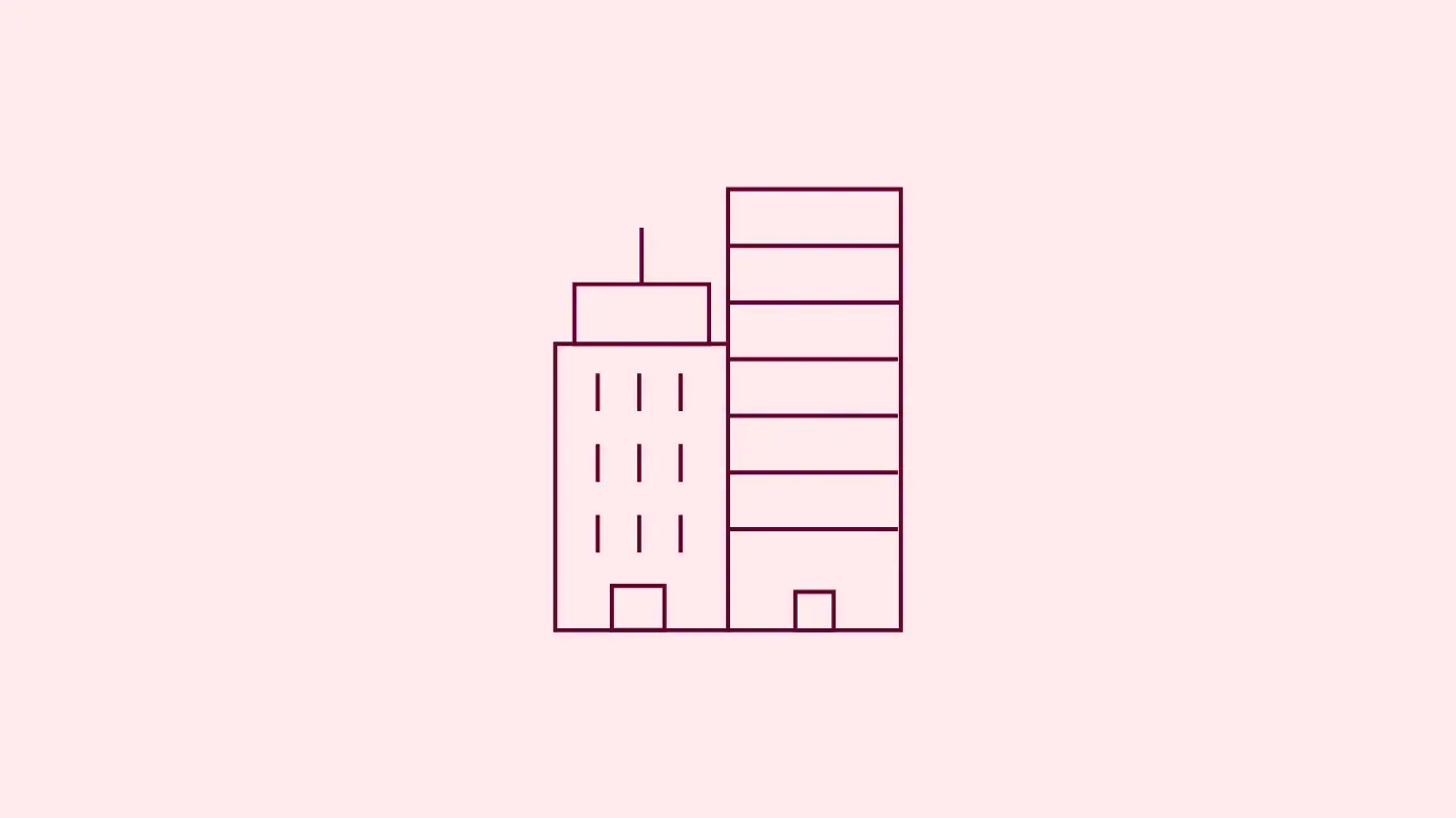 Simple line illustration of two buildings on a pink background