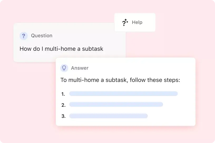 Asana-product-UI die een Asana Intelligence weergeeft die de door de gebruiker gegenereerde vraag beantwoordt "Hoe kan ik een subtaak multi-home maken".