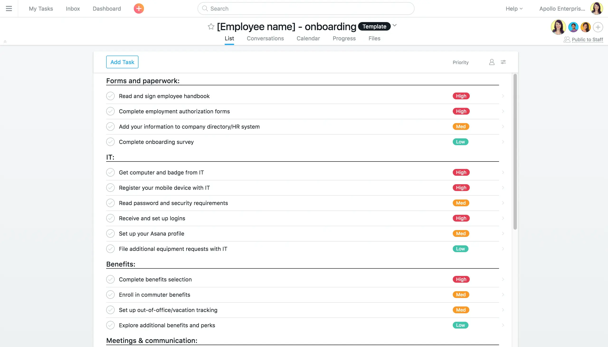 Product UI: On-boarding list in Asana for new starters