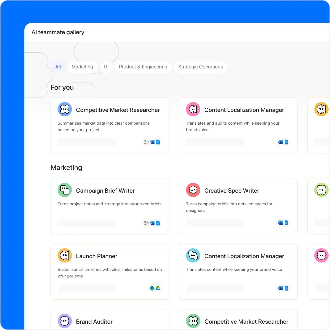 Asana AI teammate gallery interface asking "What work will your AI teammate do?" with a user prompt. Below are AI role cards like Content Localization Manager, Copywriter, and Competitive Market Researcher.