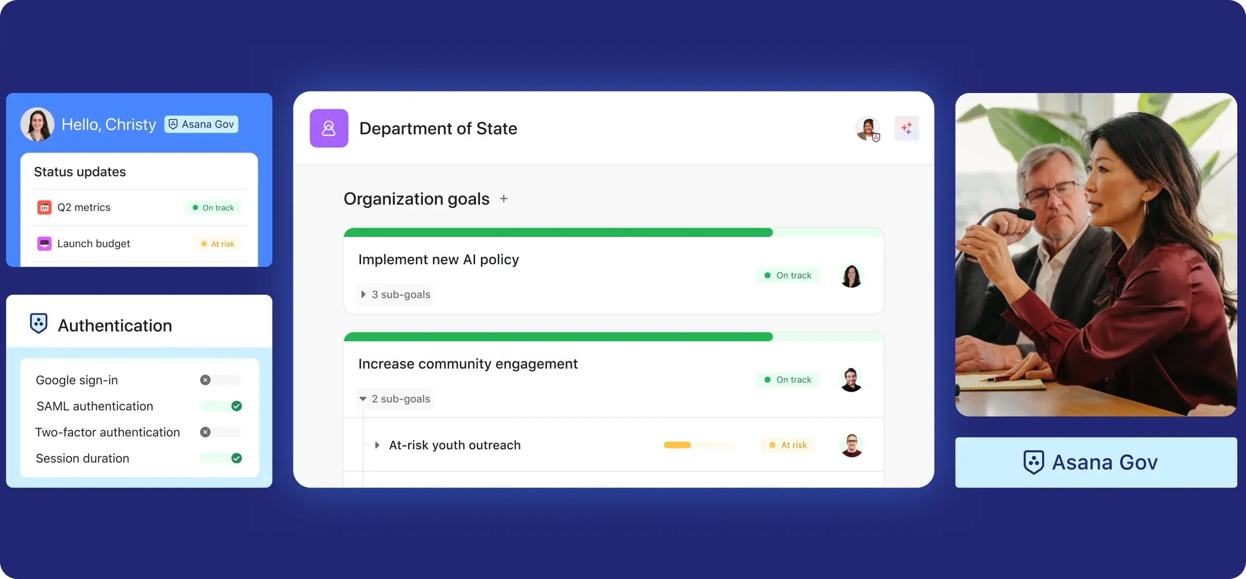 An image advertising Asana Gov. It features screenshots of the user interface showing organization goals for the "Department of State," status updates, and authentication settings. A photo of two people in a professional meeting is on the right.