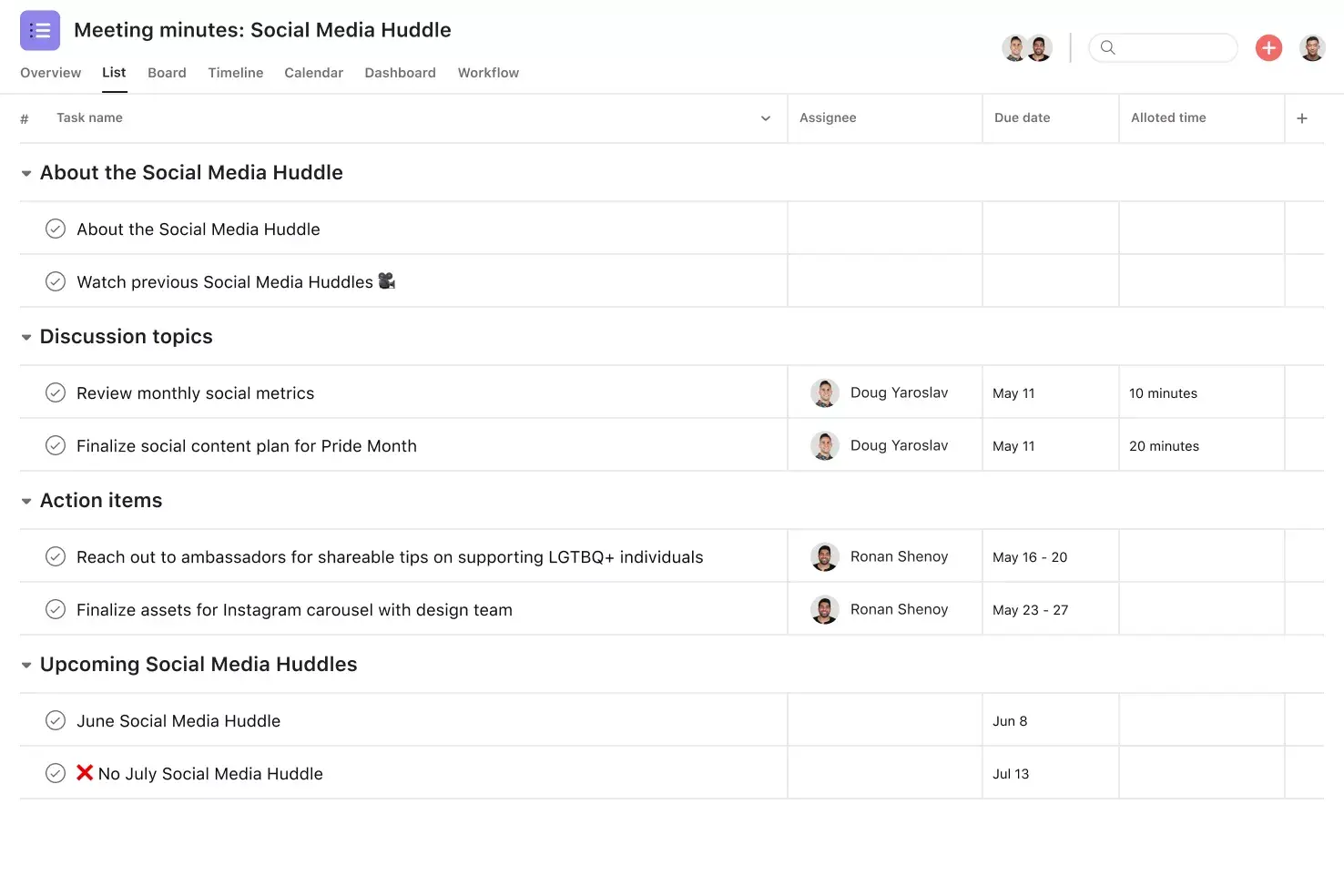 [Product ui] Meeting minutes project in Asana, spreadsheet-style project view (List)