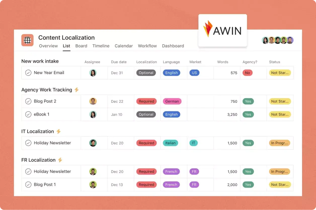 Awin コンテンツプロジェクトのリストビュー: Asana 製品 UI